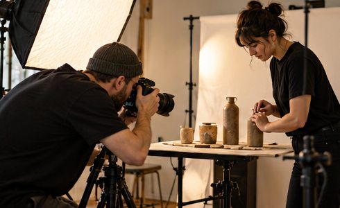 A creative team photographs a product campaign in a studio.