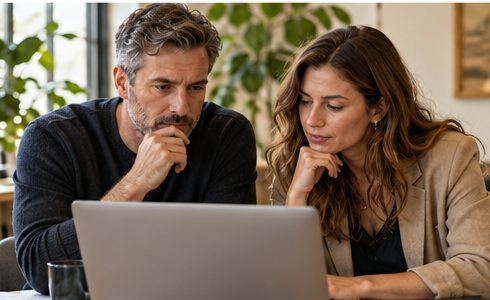 A business owner and data specialist review an AI-assisted forecast.
