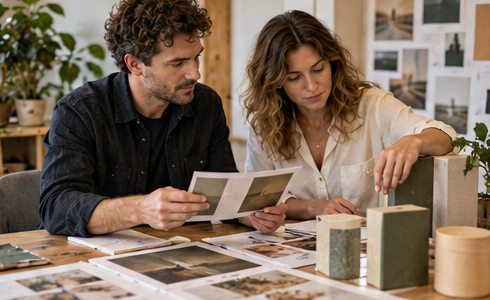 A designer and founder review brand identity boards and packaging.