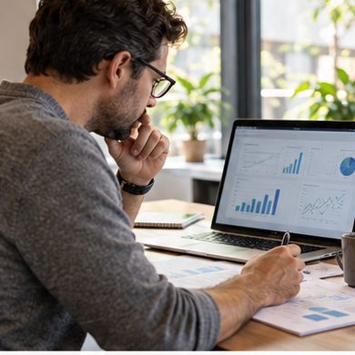 A business analyst studies charts with a colleague at a laptop.