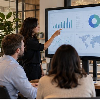 A team discusses a business dashboard on a large screen.