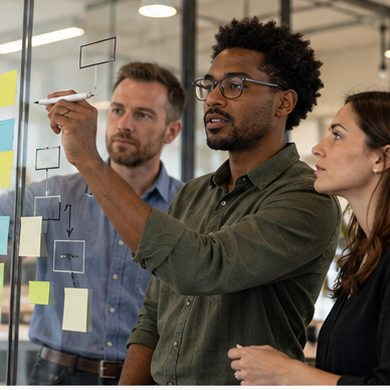 An operations team maps processes and handoffs on a whiteboard.