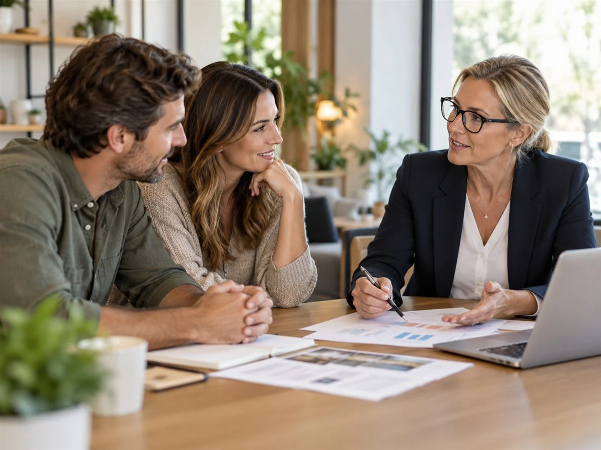 A business strategy advisor and owners review a practical growth roadmap.