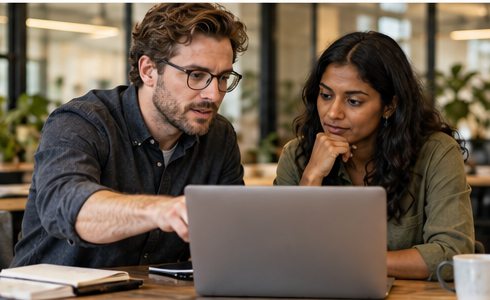 A business systems advisor reviews connected tools with an operations lead.