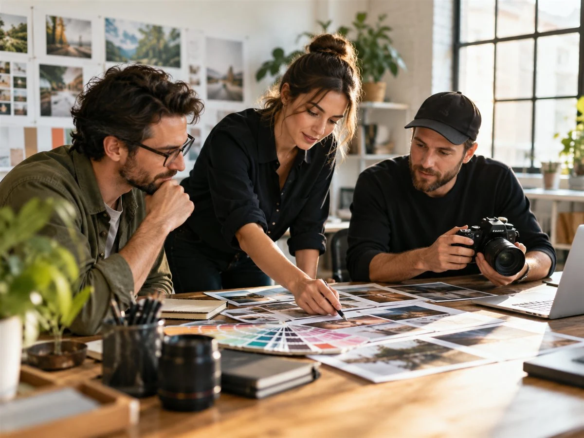 A creative team develops a brand campaign in a studio.