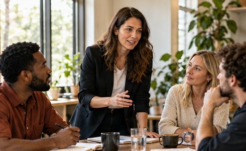 A consultant works with a sales team to plan customer follow-up.
