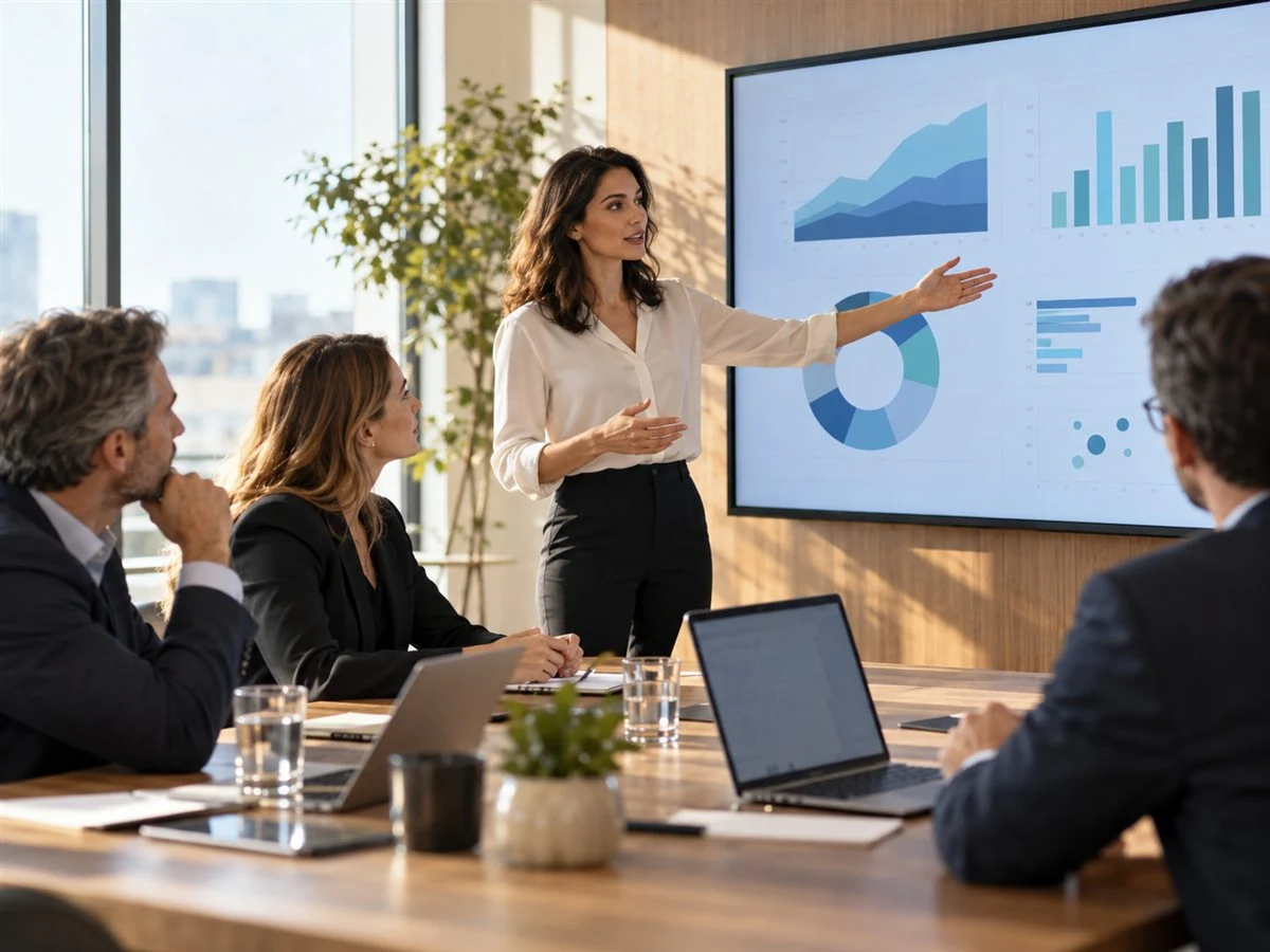 An analyst shares a business dashboard with a leadership team.