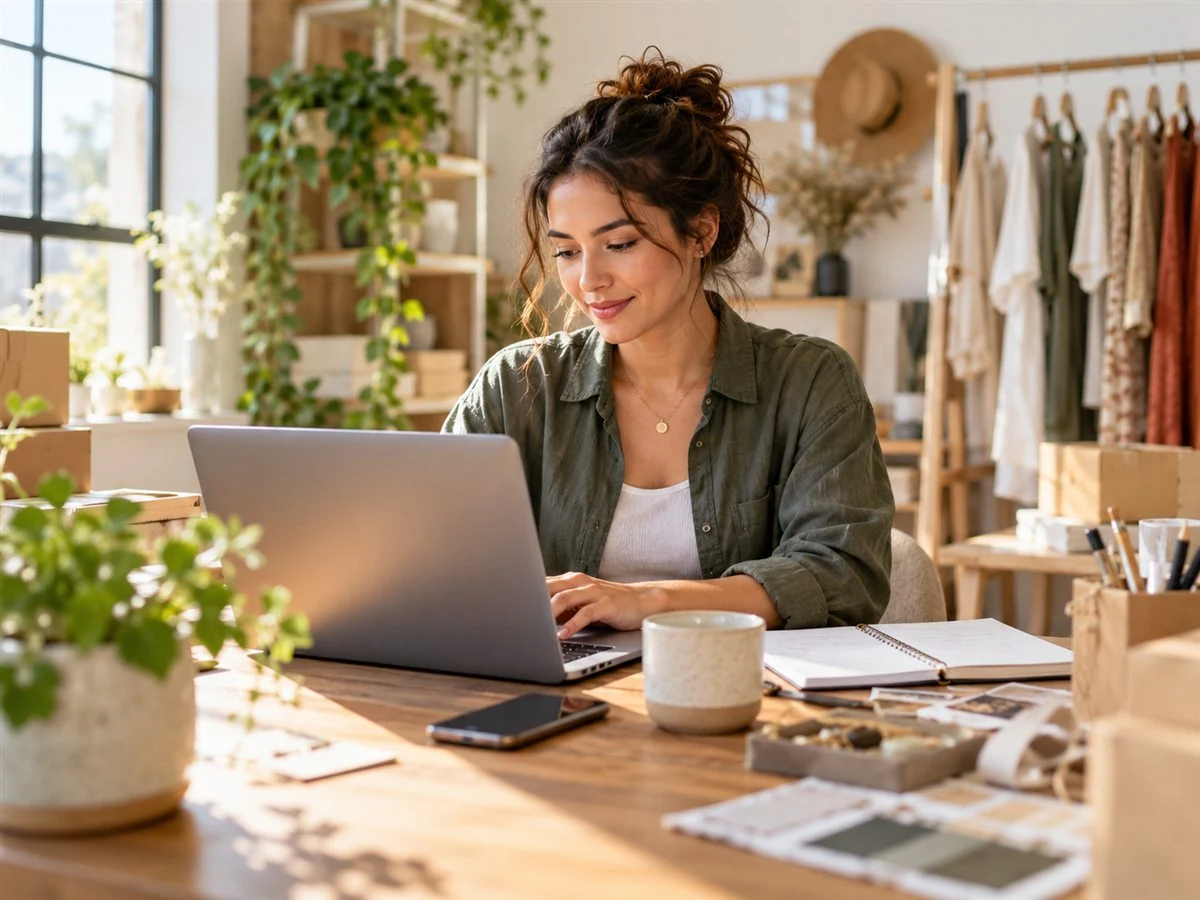 A small-business owner plans digital growth at a laptop.