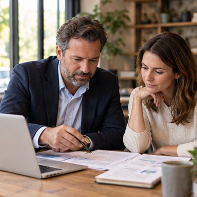 Business owners discuss a growth plan with a consultant.