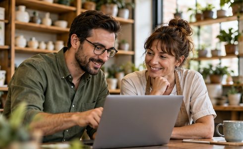A consultant and owner review a business website on a laptop.