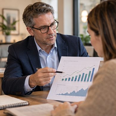 A business team reviews digital performance charts and growth opportunities.