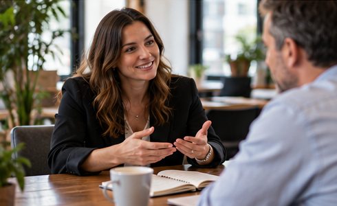 A Larwil consultant listening to a business owner and discussing next steps