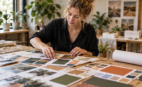 A designer reviews visual layouts and color samples.