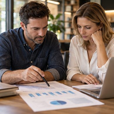 A consultant presents performance charts to a business team.