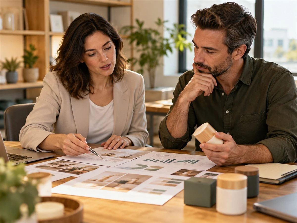 A research consultant and business owner compare market reports.