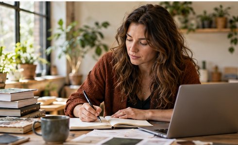 A writer researches and drafts a business article at a desk.