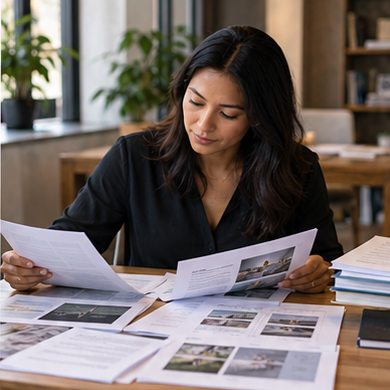 A marketing analyst reviews research reports to guide organic search work.