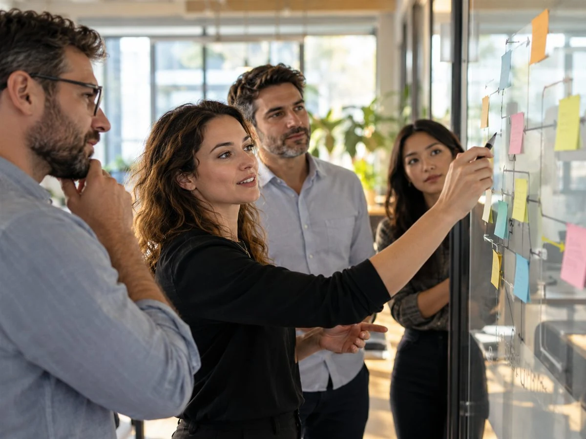 An operations team maps a business workflow on a whiteboard.