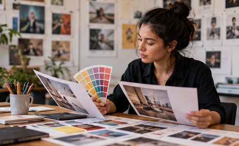 Editorial photo of a designer reviewing visual layouts