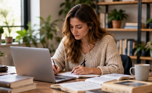 Editorial photo of a writer researching a business article