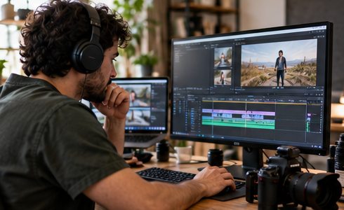 A video editor reviews campaign footage at a workstation.