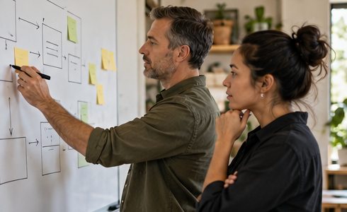 Operations colleagues map a repeatable workflow together.